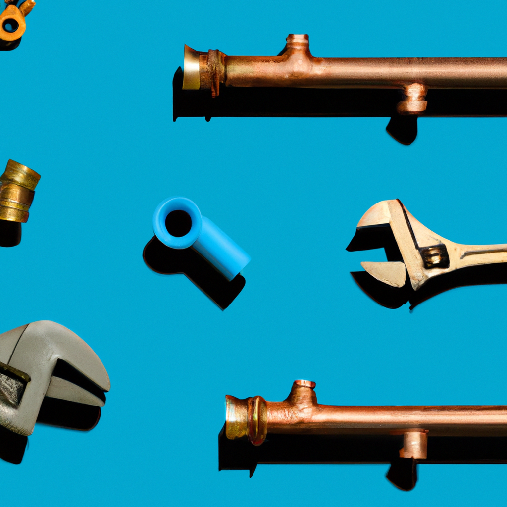 Flat lay of plumber tools with copper pipes and wrench in crisp blue tones, high-resolution banner image