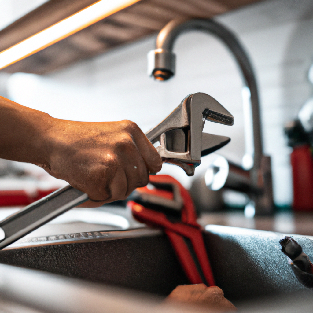 Professional plumber fixing a kitchen sink using wrench and tools