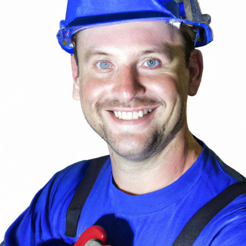 Portrait of licensed plumber with safety helmet and blue overall